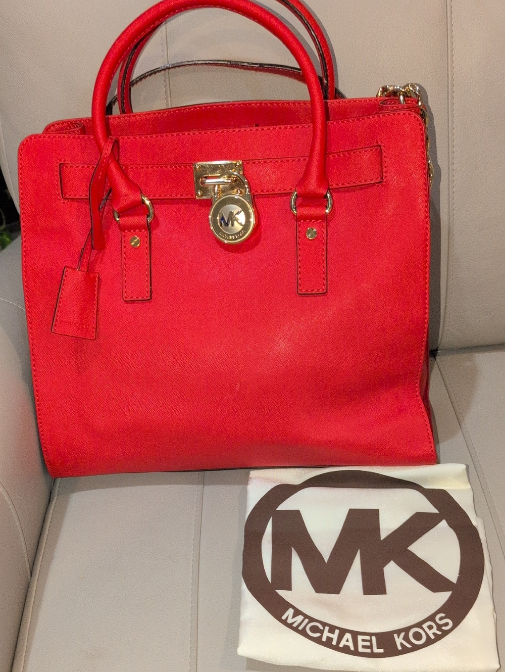 Michael Kors Red Leather Saffiano Satchel with Gold Hardware And Dusty